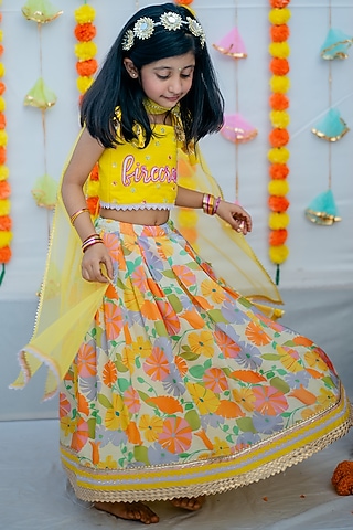 Multi-Colored Linen Silk & Silk Floral Printed Lehenga Set For Girls by Little Nida