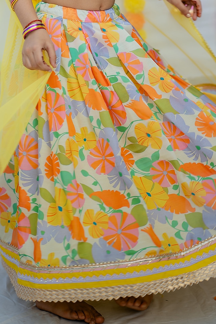 Multi-Colored Linen Silk & Silk Floral Printed Lehenga Set For Girls by Little Nida at Pernia's Pop Up Shop