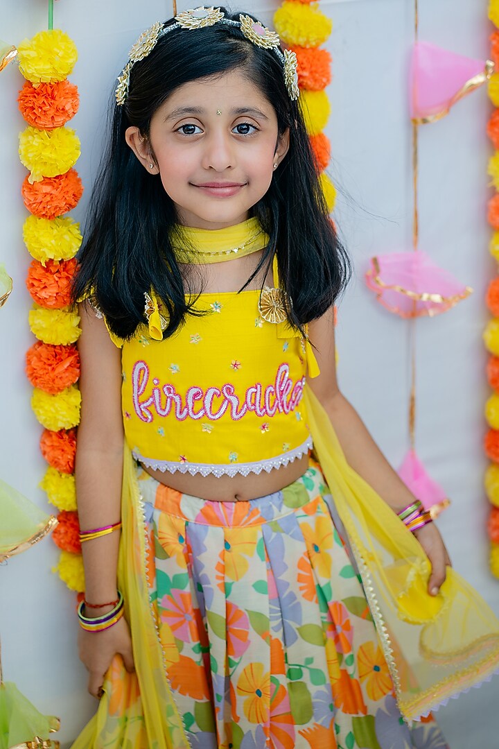 Multi-Colored Linen Silk & Silk Floral Printed Lehenga Set For Girls by Little Nida at Pernia's Pop Up Shop