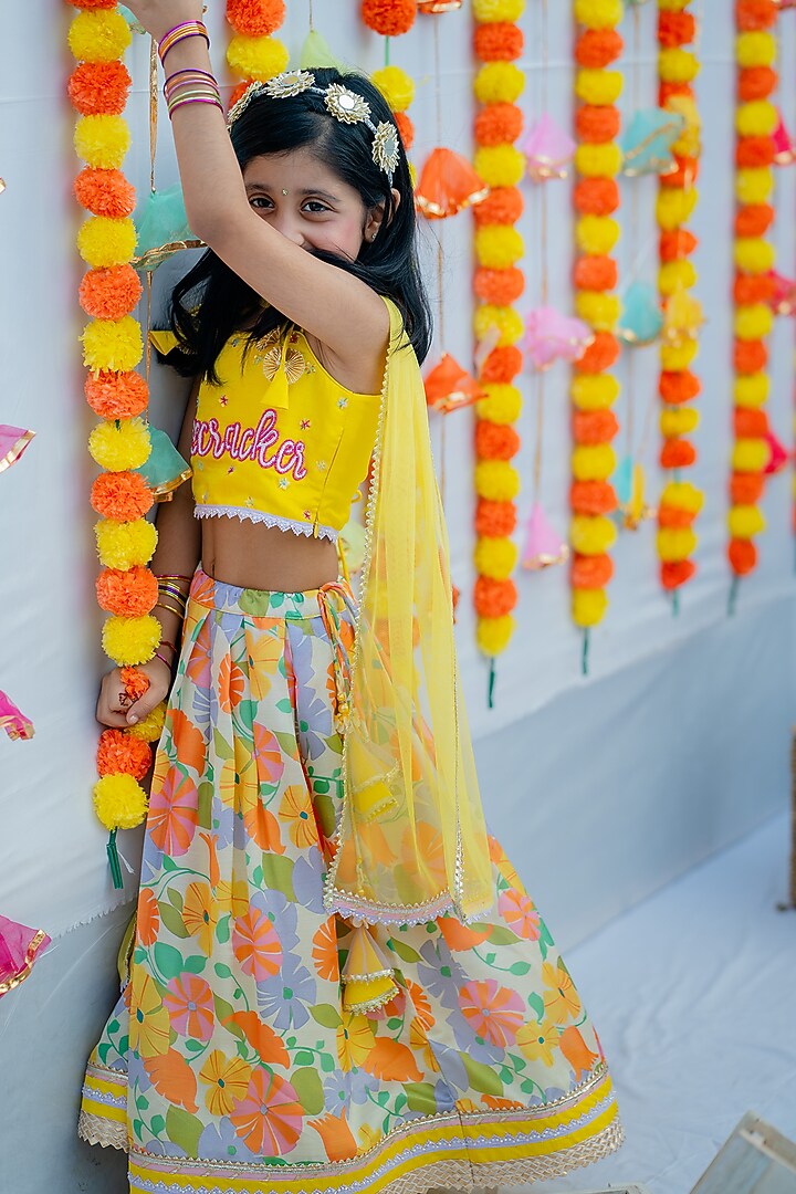 Multi-Colored Linen Silk & Silk Floral Printed Lehenga Set For Girls by Little Nida at Pernia's Pop Up Shop