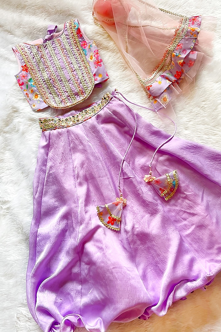 Lilac Linen Silk & Silk Lehenga Set For Girls by Little Nida at Pernia's Pop Up Shop