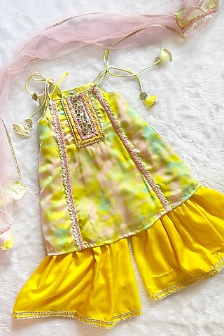 Yellow Linen Silk & Mul Sharara Set For Girls by Little Nida