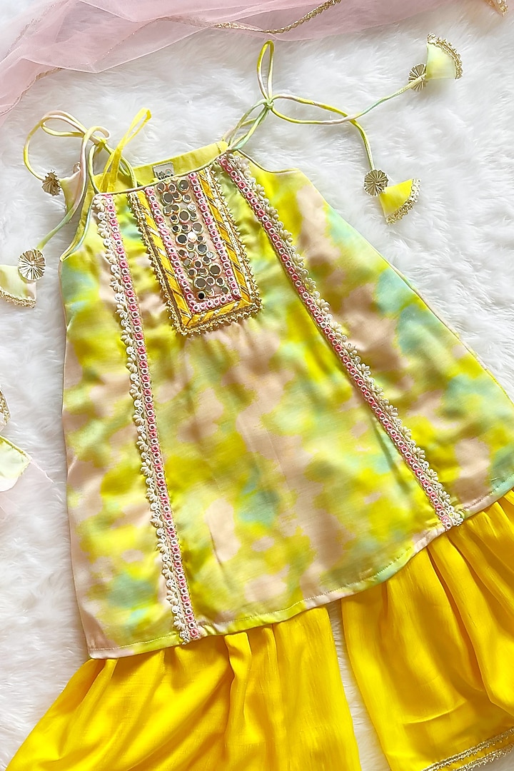 Yellow Linen Silk & Mul Sharara Set For Girls by Little Nida at Pernia's Pop Up Shop