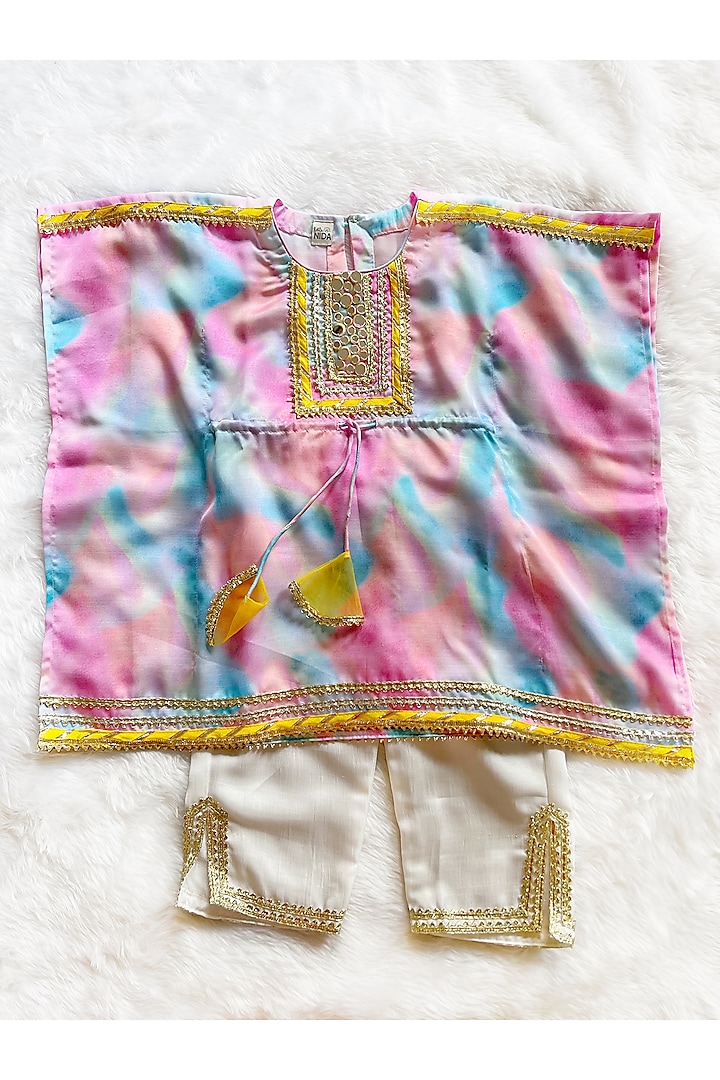 Blue & Pink Linen Silk Tie-Dye Printed Kaftan Set For Girls by Little Nida