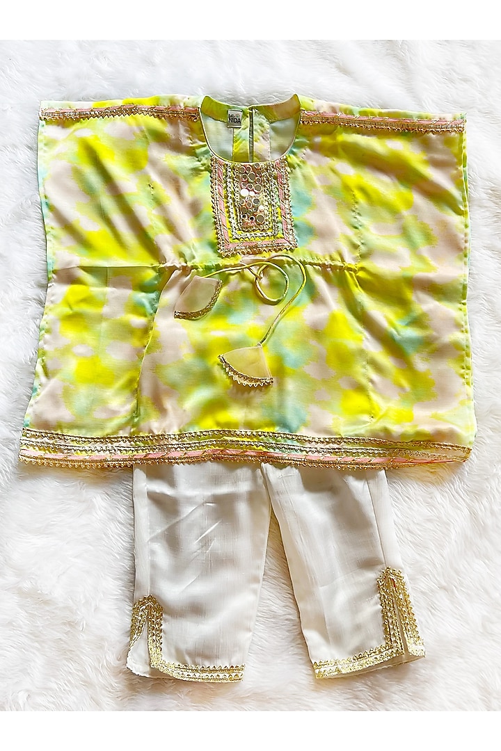 Green & White Linen Silk Tie-Dye Printed Kaftan Set For Girls by Little Nida