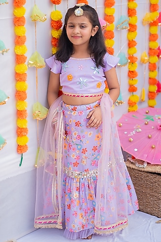 Lilac Linen Silk Printed & Mirror Frilled Lehenga Set For Girls by Little Nida