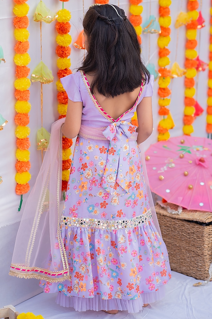 Lilac Linen Silk Printed & Mirror Frilled Lehenga Set For Girls by Little Nida at Pernia's Pop Up Shop