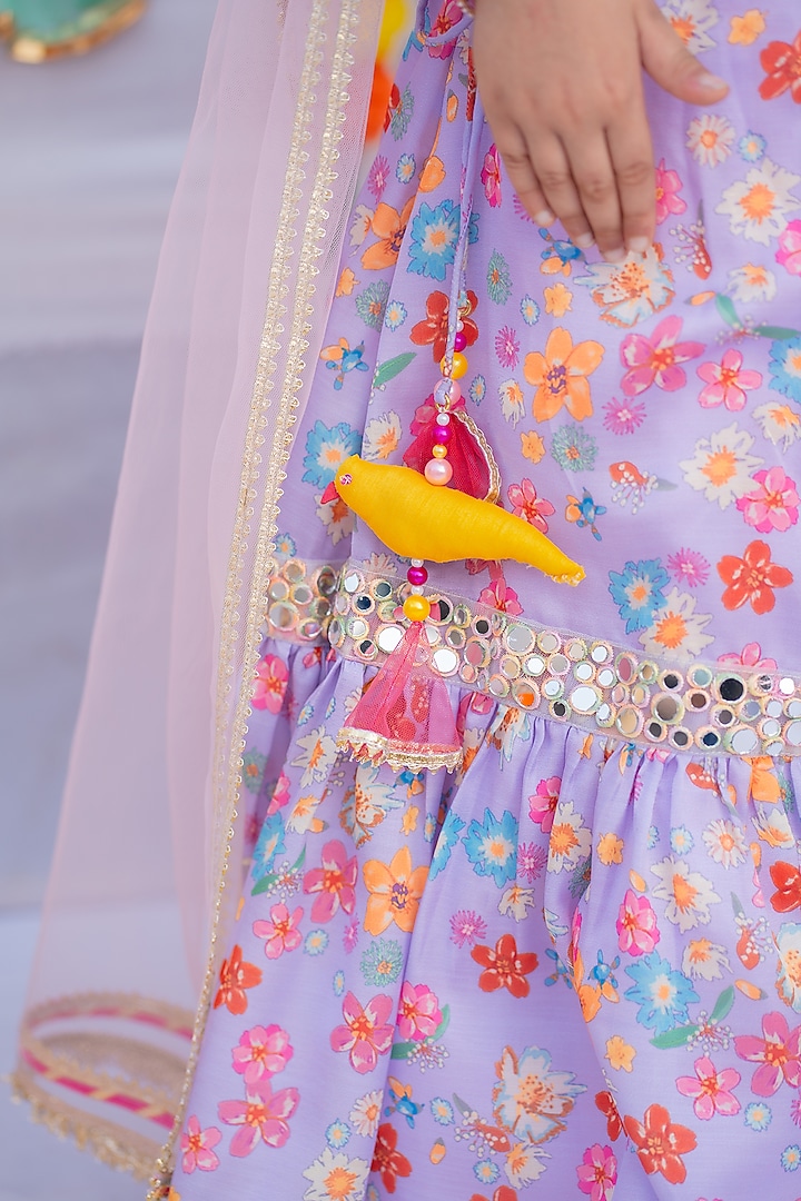 Lilac Linen Silk Printed & Mirror Frilled Lehenga Set For Girls by Little Nida at Pernia's Pop Up Shop
