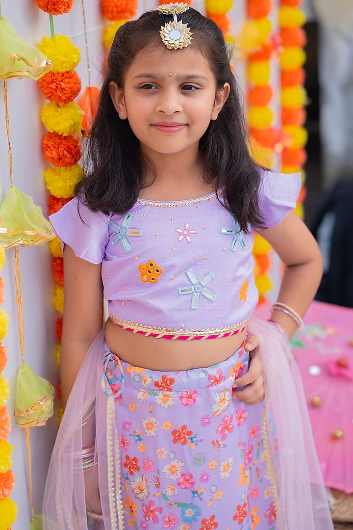 Lilac Linen Silk Printed & Mirror Frilled Lehenga Set For Girls by Little Nida at Pernia's Pop Up Shop