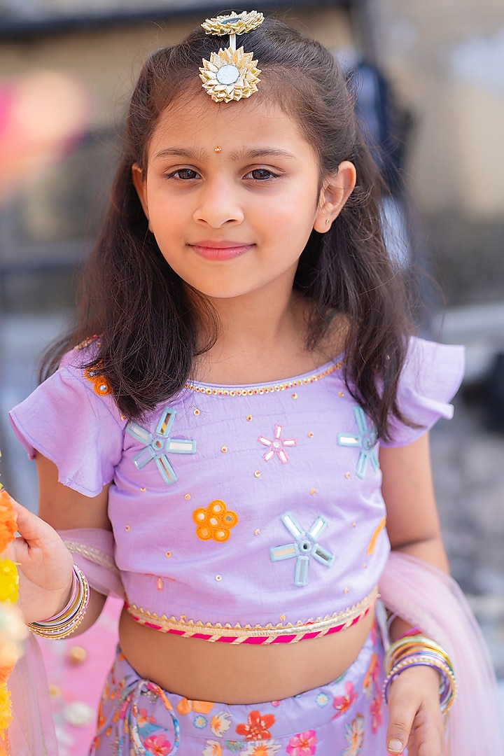 Lilac Linen Silk Printed & Mirror Frilled Lehenga Set For Girls by Little Nida at Pernia's Pop Up Shop