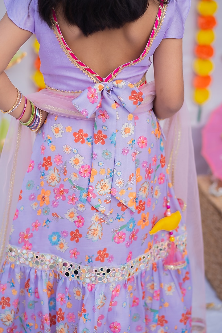 Lilac Linen Silk Printed & Mirror Frilled Lehenga Set For Girls by Little Nida at Pernia's Pop Up Shop