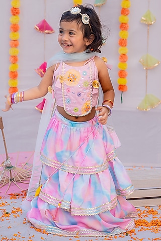 Pink & Blue Linen Silk Printed & Mirror Frilled Layered Lehenga Set For Girls by Little Nida