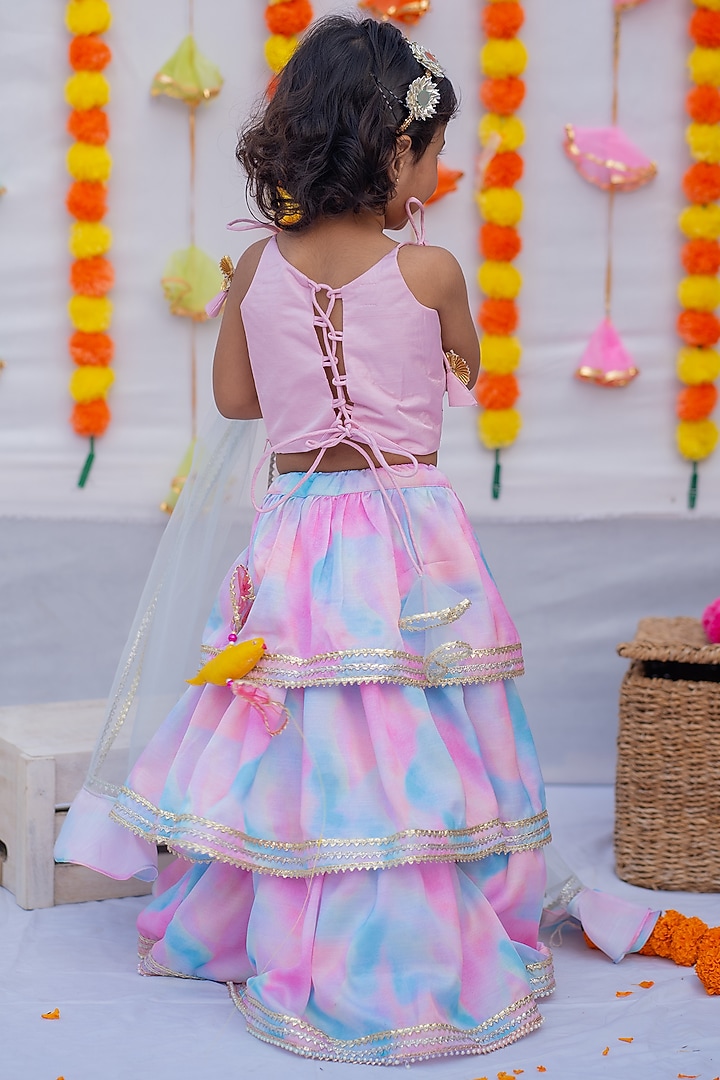 Pink & Blue Linen Silk Printed & Mirror Frilled Layered Lehenga Set For Girls by Little Nida at Pernia's Pop Up Shop