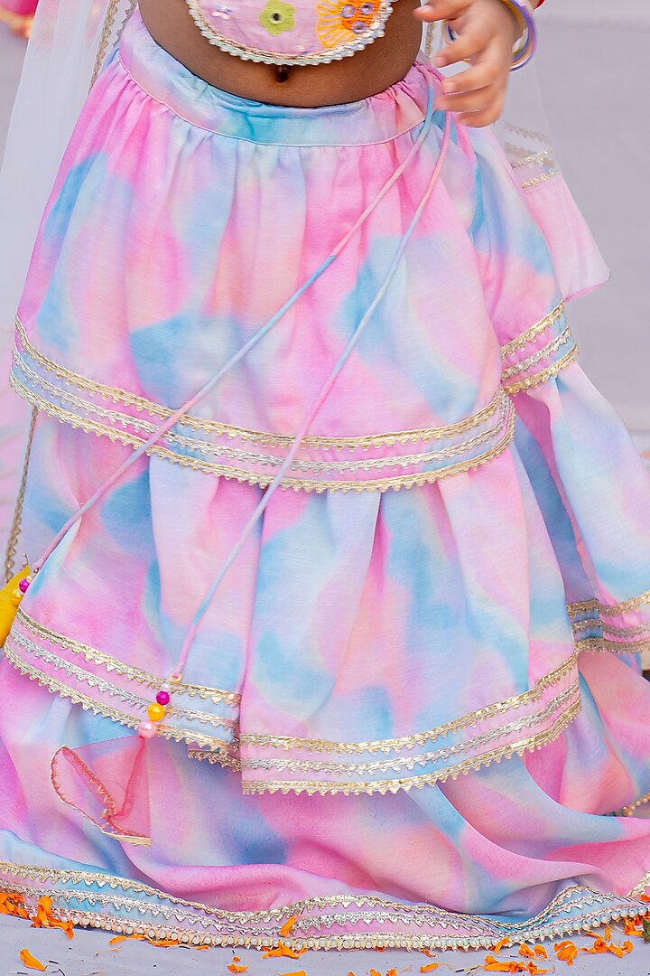 Pink & Blue Linen Silk Printed & Mirror Frilled Layered Lehenga Set For Girls by Little Nida at Pernia's Pop Up Shop
