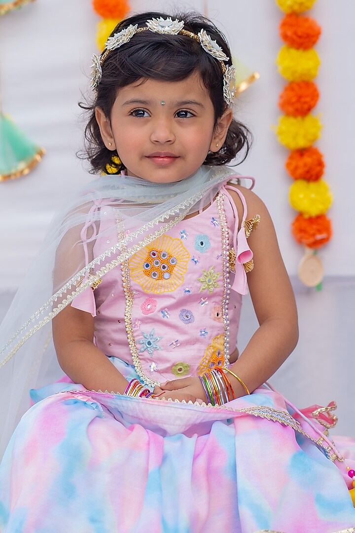 Pink & Blue Linen Silk Printed & Mirror Frilled Layered Lehenga Set For Girls by Little Nida at Pernia's Pop Up Shop