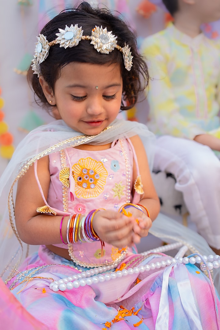 Pink & Blue Linen Silk Printed & Mirror Frilled Layered Lehenga Set For Girls by Little Nida at Pernia's Pop Up Shop