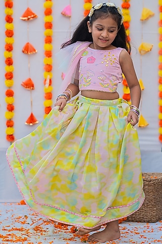 Pink & Green Linen Silk Tie-Dye Lehenga Set For Girls by Little Nida