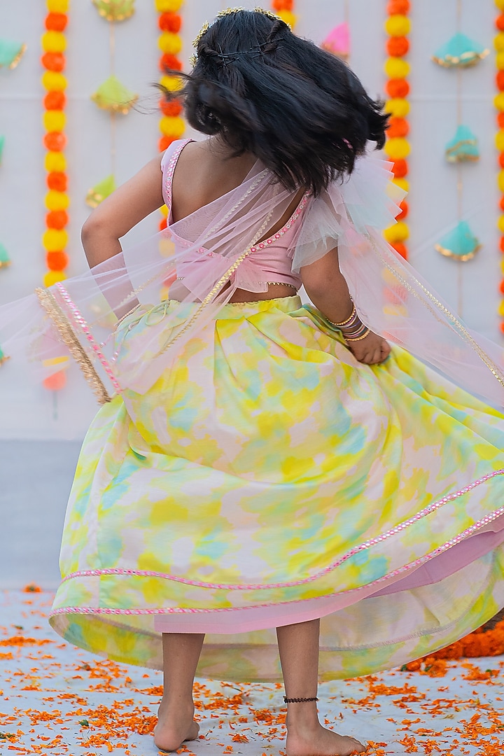 Pink & Green Linen Silk Tie-Dye Lehenga Set For Girls by Little Nida at Pernia's Pop Up Shop