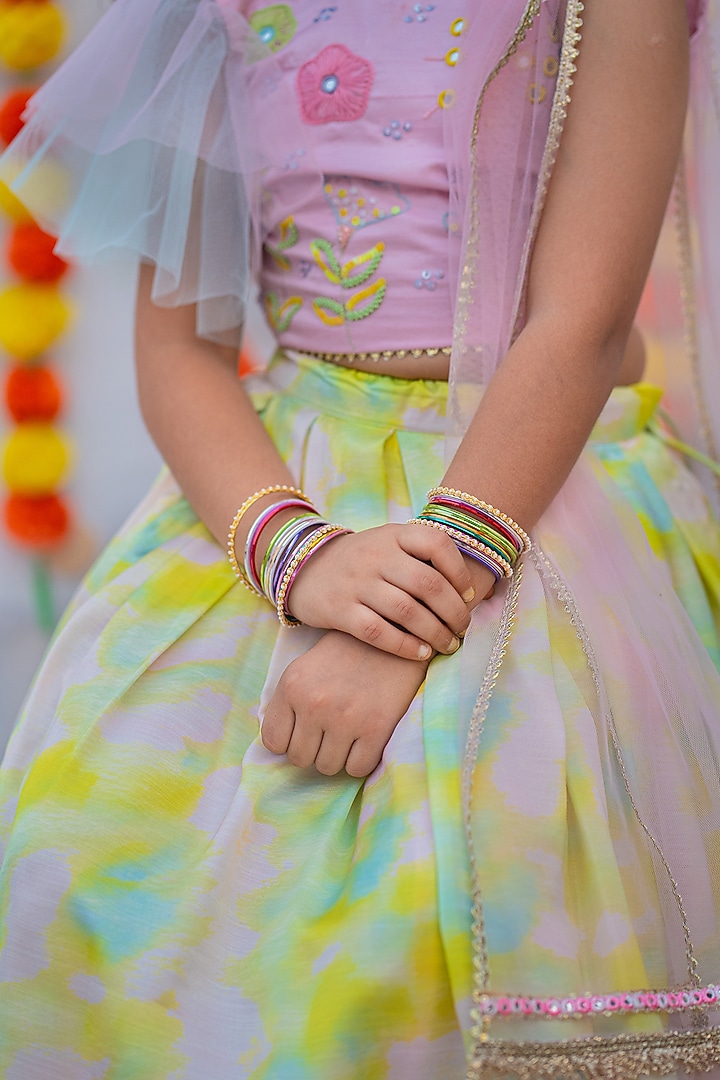 Pink & Green Linen Silk Tie-Dye Lehenga Set For Girls by Little Nida at Pernia's Pop Up Shop