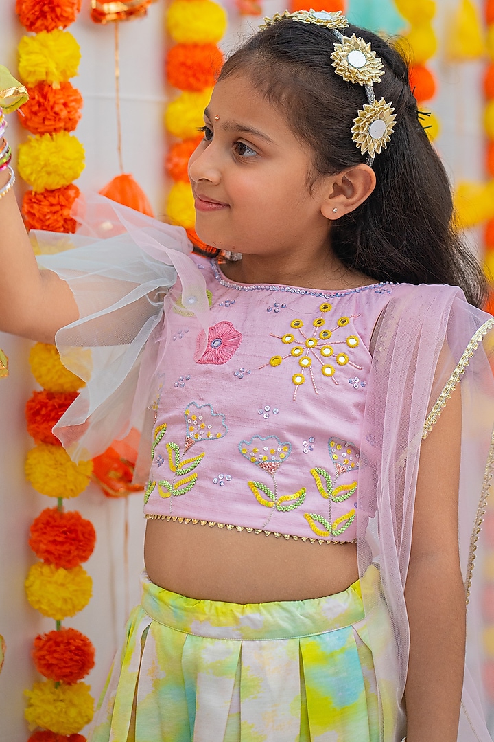Pink & Green Linen Silk Tie-Dye Lehenga Set For Girls by Little Nida at Pernia's Pop Up Shop