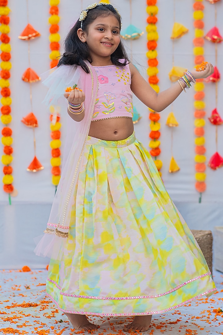 Pink & Green Linen Silk Tie-Dye Lehenga Set For Girls by Little Nida at Pernia's Pop Up Shop