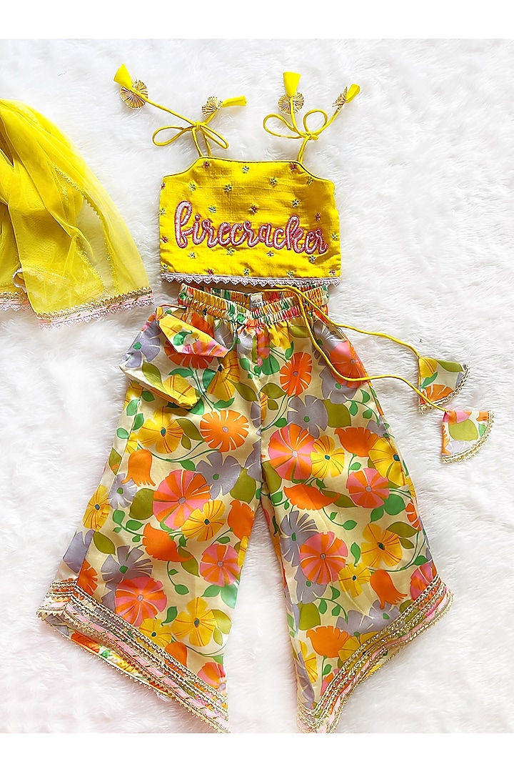 Multi-Colored Linen Silk Asymmetric Pant Set For Girls by Little Nida