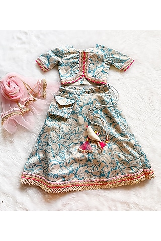 Blue Linen Silk Floral Printed Lehenga Set For Girls by Little Nida