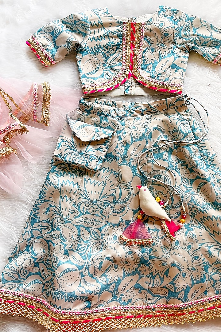 Blue Linen Silk Floral Printed Lehenga Set For Girls by Little Nida at Pernia's Pop Up Shop