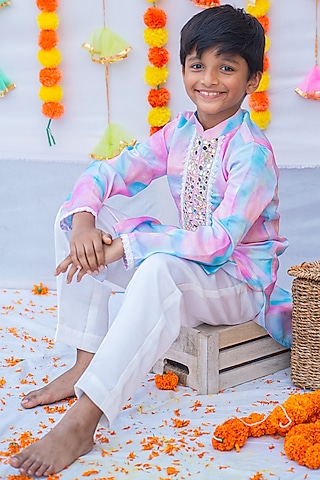 Pink & Blue Linen Silk Mirror Embroidered Kurta Set For Boys by Little Nida