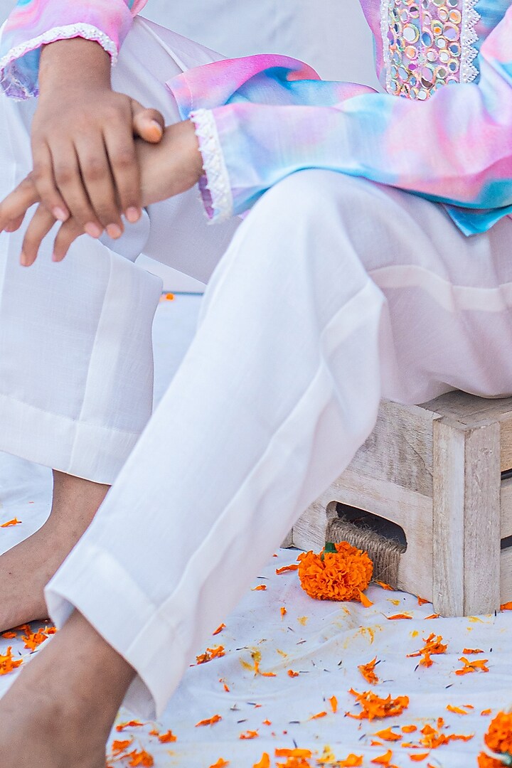 Pink & Blue Linen Silk Mirror Embroidered Kurta Set For Boys by Little Nida at Pernia's Pop Up Shop