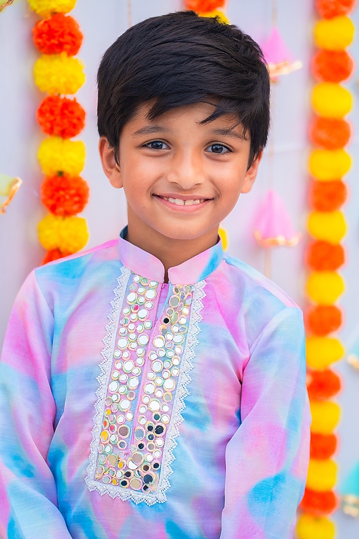Pink & Blue Linen Silk Mirror Embroidered Kurta Set For Boys by Little Nida at Pernia's Pop Up Shop