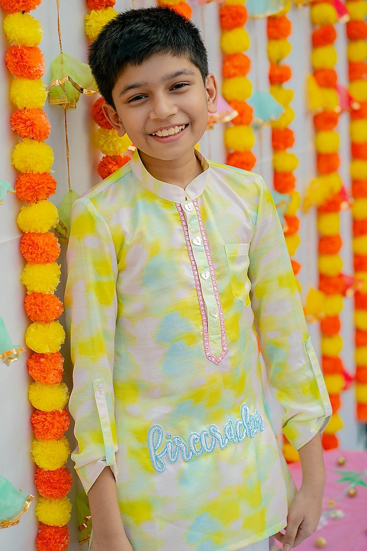 White & Green Linen Silk Tie-Dye Kurta Set For Boys by Little Nida at Pernia's Pop Up Shop