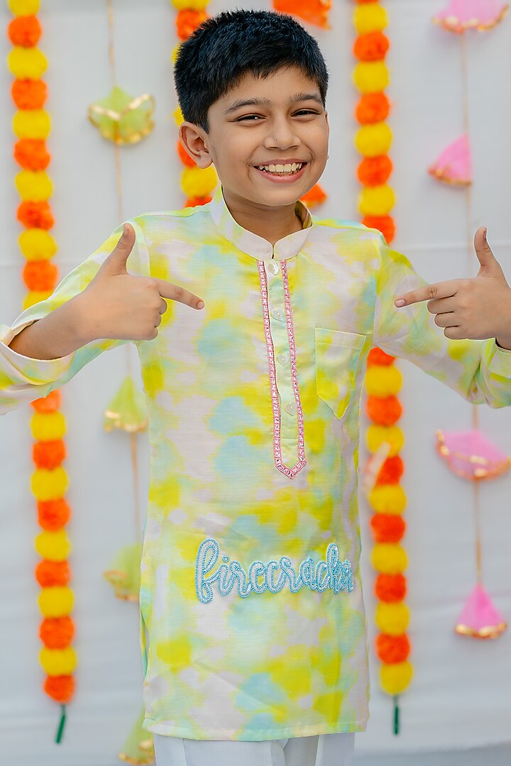 White & Green Linen Silk Tie-Dye Kurta Set For Boys by Little Nida at Pernia's Pop Up Shop