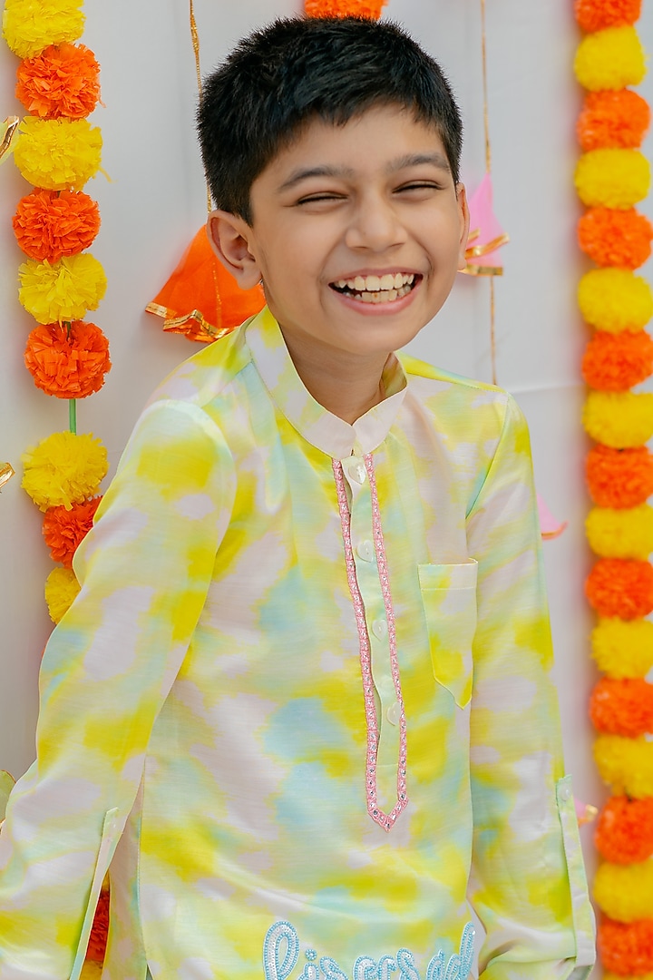 White & Green Linen Silk Tie-Dye Kurta Set For Boys by Little Nida at Pernia's Pop Up Shop