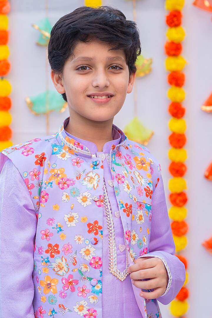 Lilac Linen Silk Floral Bundi Jacket Set For Boys by Little Nida at Pernia's Pop Up Shop