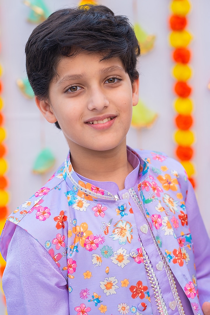 Lilac Linen Silk Floral Bundi Jacket Set For Boys by Little Nida at Pernia's Pop Up Shop