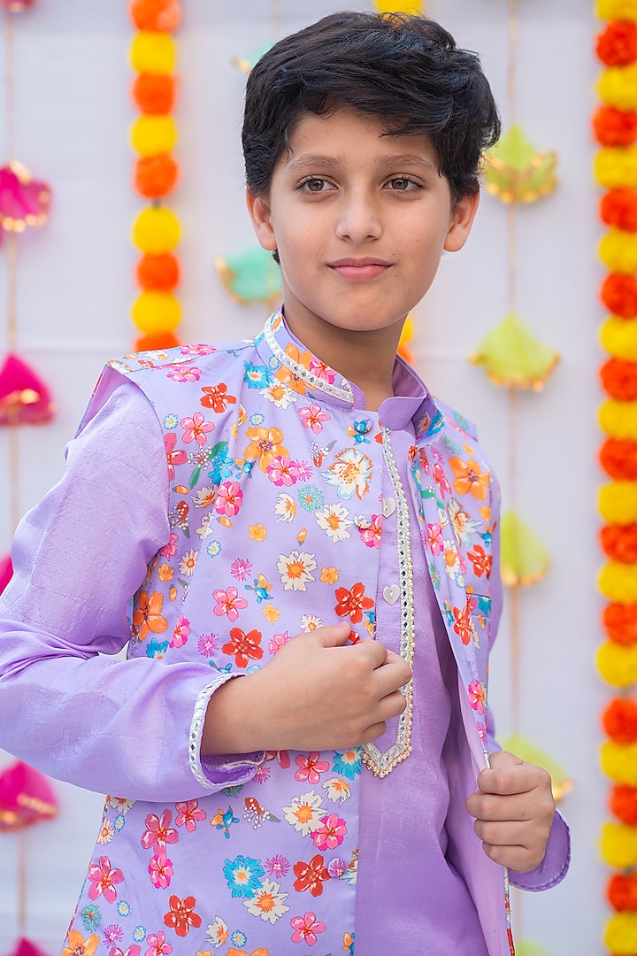 Lilac Linen Silk Floral Bundi Jacket Set For Boys by Little Nida at Pernia's Pop Up Shop