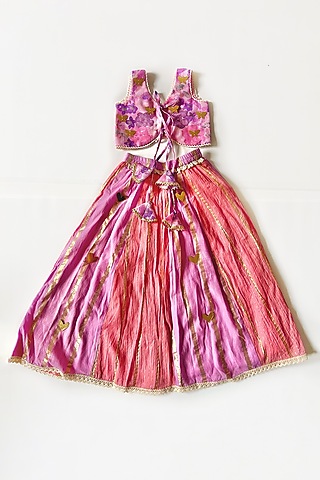 Lilac & Pink Lurex Skirt Set For Girls by Little Nida