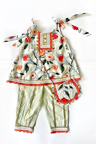 Light Pista Green Cotton Linen Printed & Embroidered Kurta Set For Girls by Little Nida