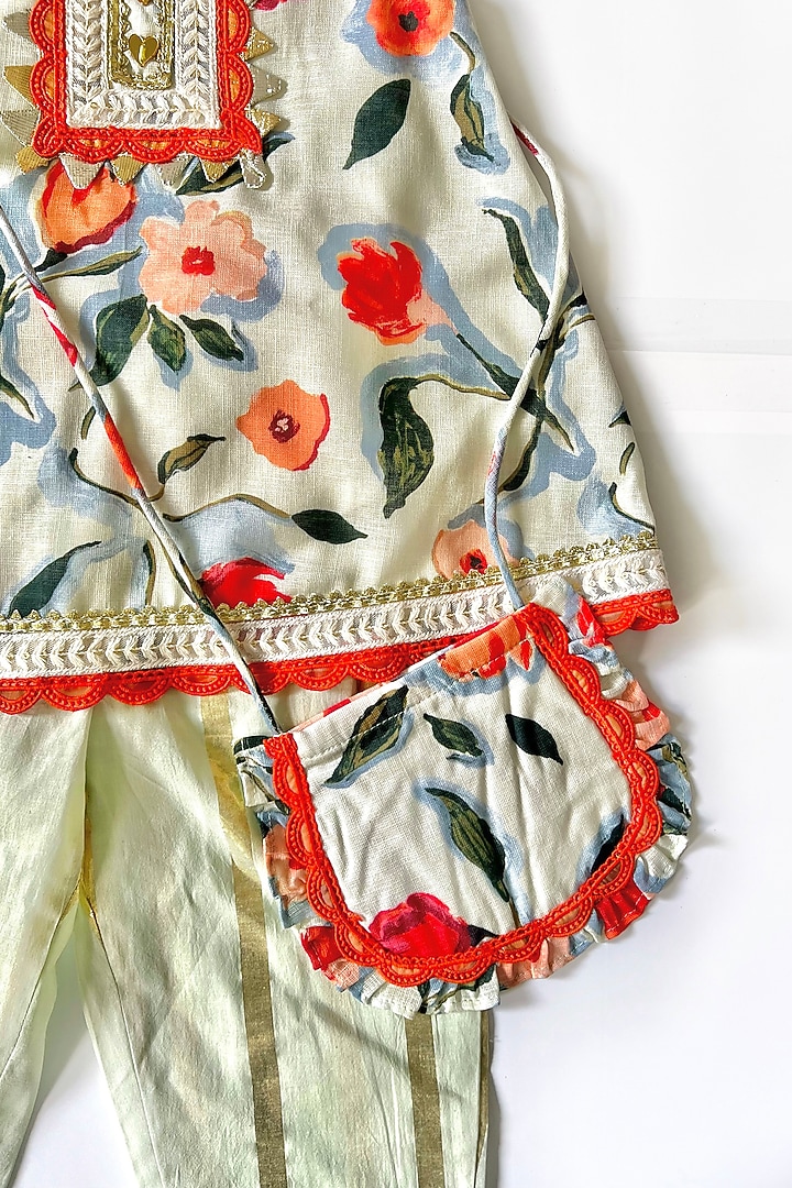 Light Pista Green Cotton Linen Printed & Embroidered Kurta Set For Girls by Little Nida at Pernia's Pop Up Shop