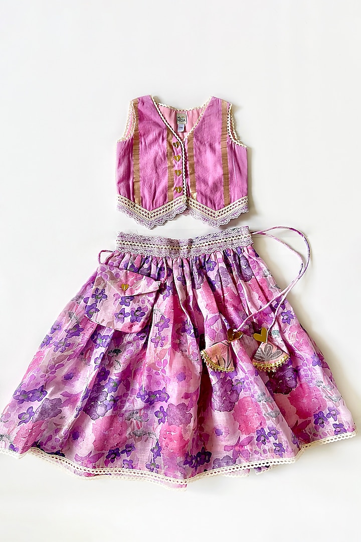 Lilac Lurex Floral Skirt Set For Girls by Little Nida at Pernia's Pop Up Shop