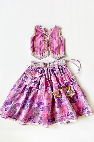 Lilac Lurex Floral Skirt Set For Girls by Little Nida