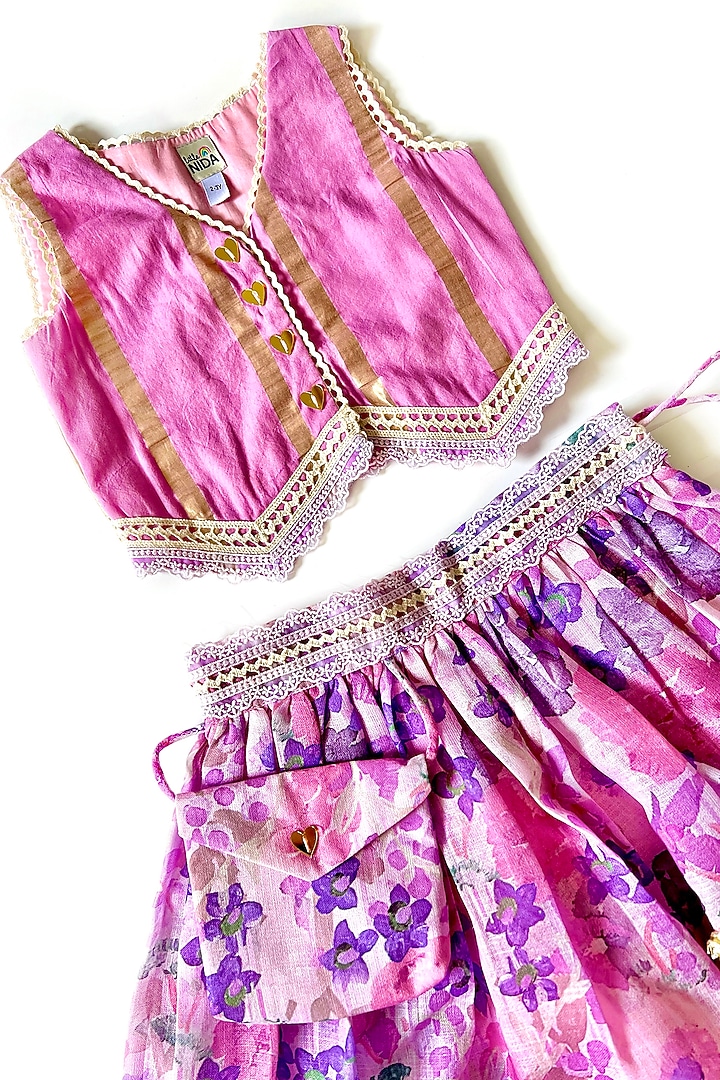 Lilac Lurex Floral Skirt Set For Girls by Little Nida at Pernia's Pop Up Shop