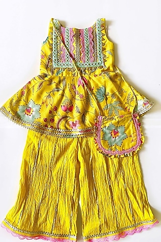 Yellow Cotton Linen Palazzo Pant Set For Girls by Little Nida