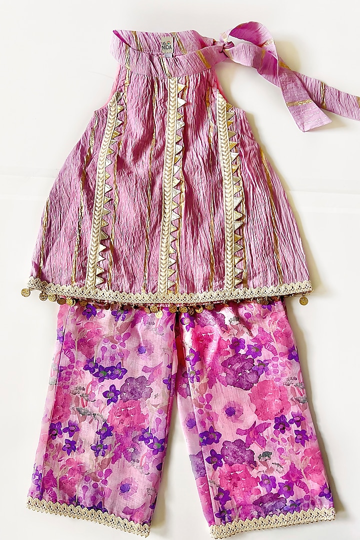 Lilac Cotton Linen & Crushed Pant Set For Girls by Little Nida at Pernia's Pop Up Shop