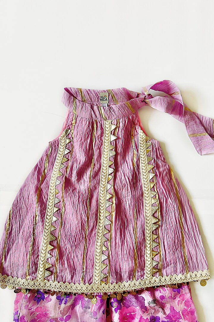 Lilac Cotton Linen & Crushed Pant Set For Girls by Little Nida at Pernia's Pop Up Shop