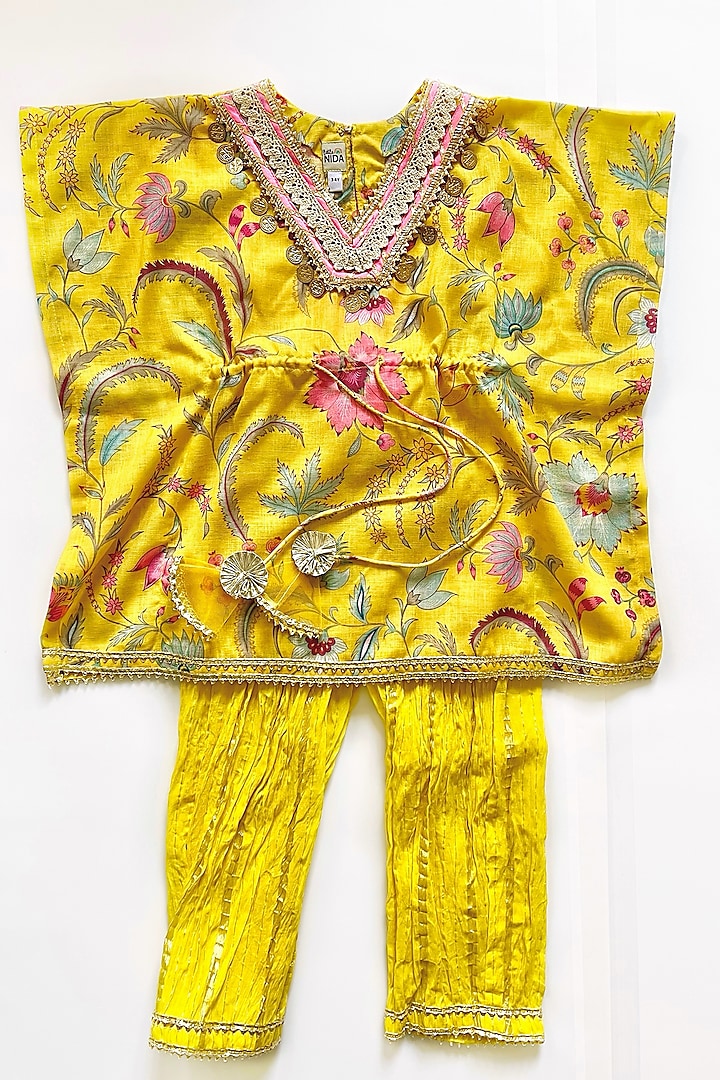 Yellow Cotton Linen Floral Printed & Embroidered Kaftan Set For Girls by Little Nida at Pernia's Pop Up Shop