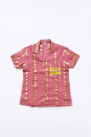 Blush Pink Cotton Lurex Embroidered Shirt For Boys by Little Nida