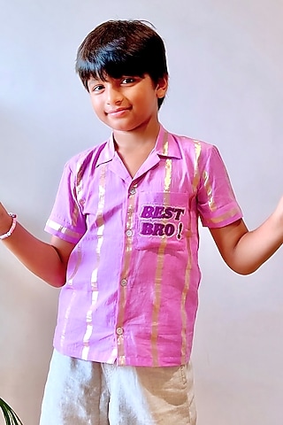 Lilac Cotton Lurex Embroidered Shirt For Boys by Little Nida