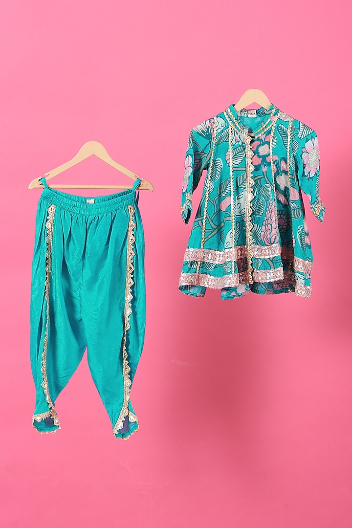 Blue Printed Kurta Set For Girls by Little Nida at Pernia's Pop Up Shop